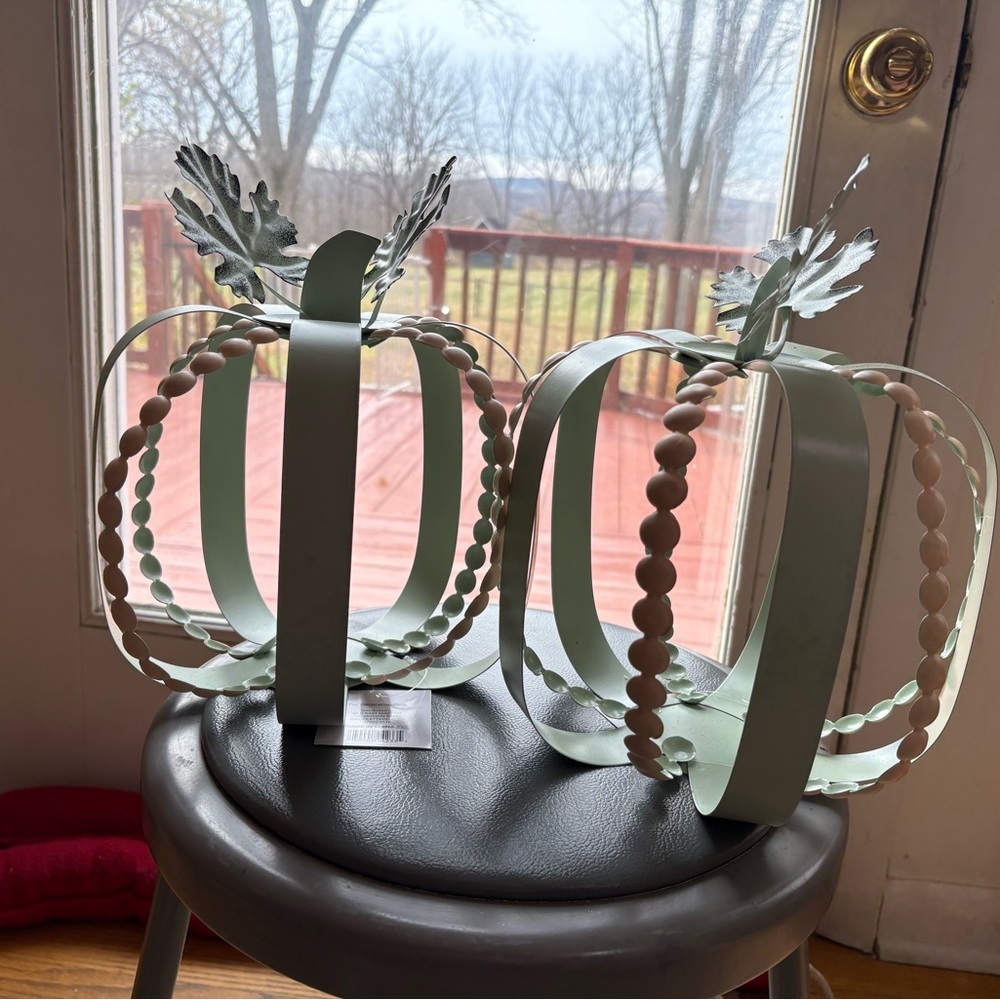 nwt-Fall Holiday frost Green 
Double Metal Pumpkins & Leaf Accents 
Decor - Picture 5 of 8